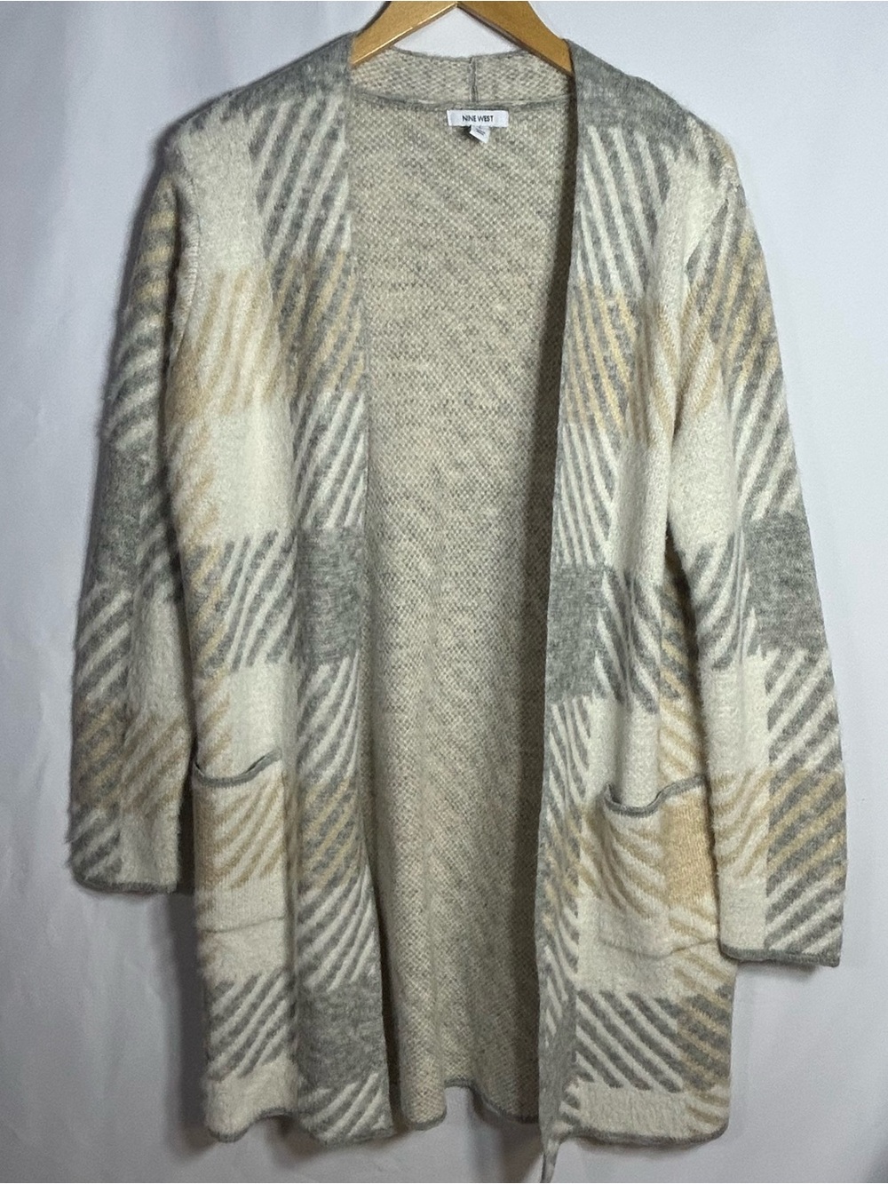 Nine West Size Large Open Front Cardigan Pockets Neutral Plaid